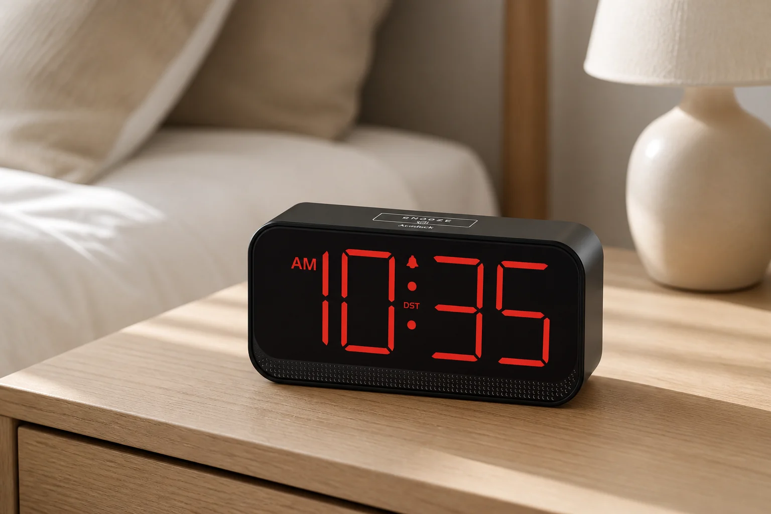 Acedeck battery-operated alarm clock with a red LED display on a light oak bedside table