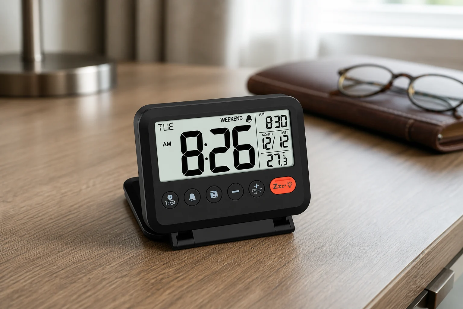 MeesMeek digital travel alarm clock open on its folding stand on a hotel desk