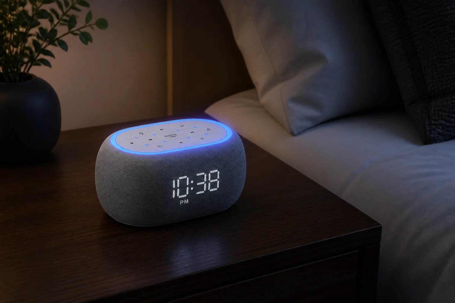 ANJANK white noise sound machine alarm clock glowing blue on a walnut nightstand