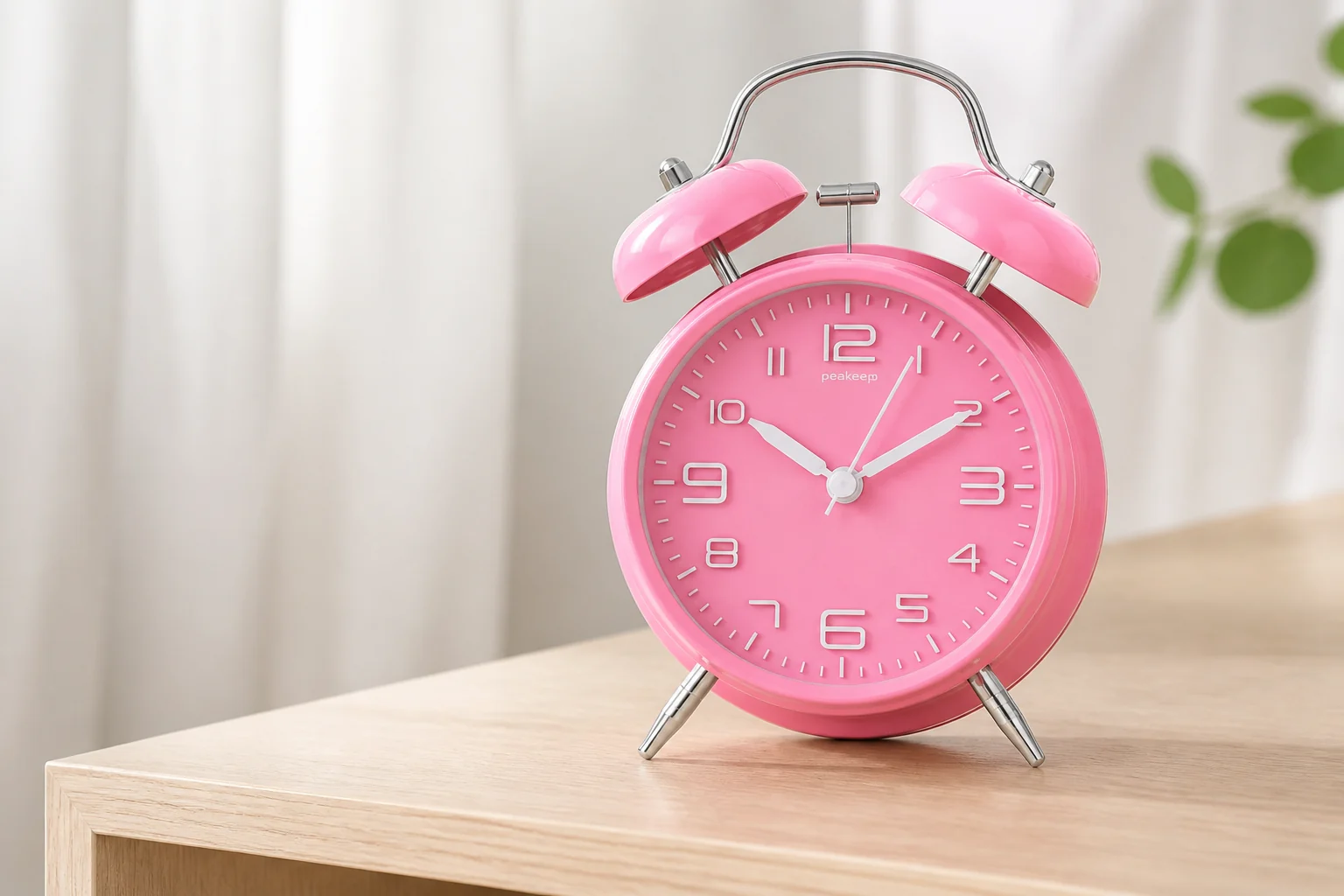 Pink Peakeep MHP3122 analog twin-bell clock in daylight