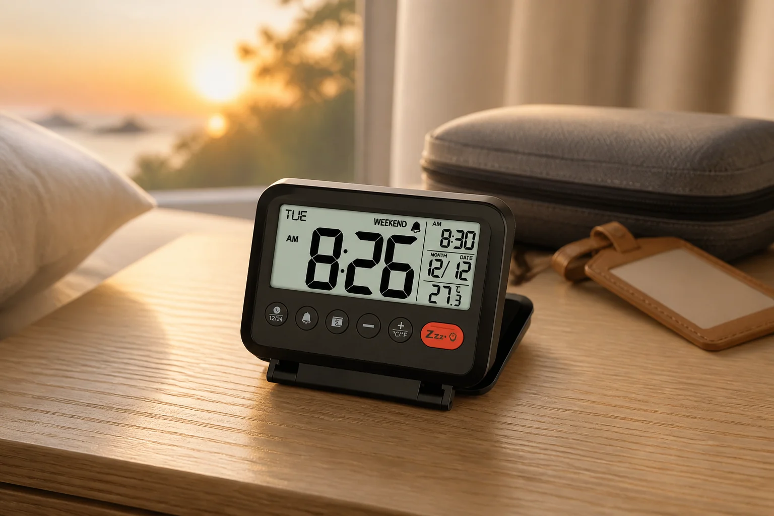 MeesMeek digital travel alarm clock open beside a fabric travel case at sunrise