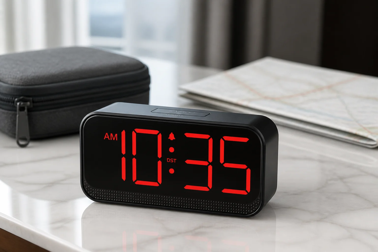Acedeck battery-operated travel alarm clock beside a compact carry case and folded map