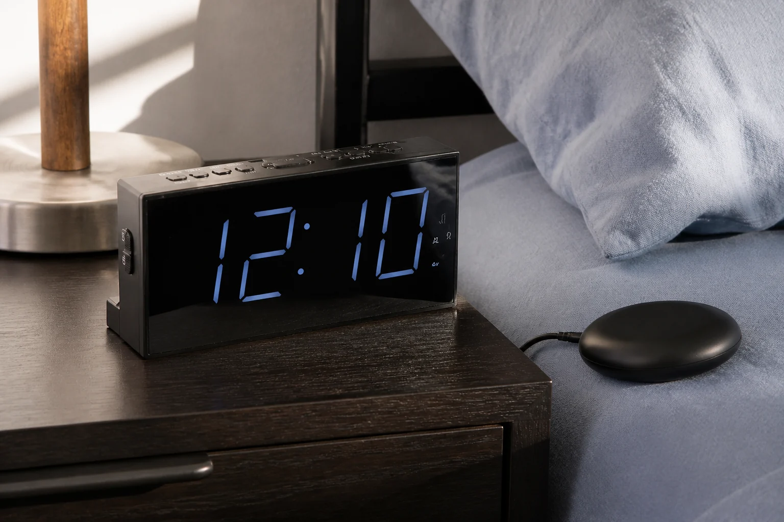 Roxicosly alarm clock and wired bed shaker beside a blue pillow