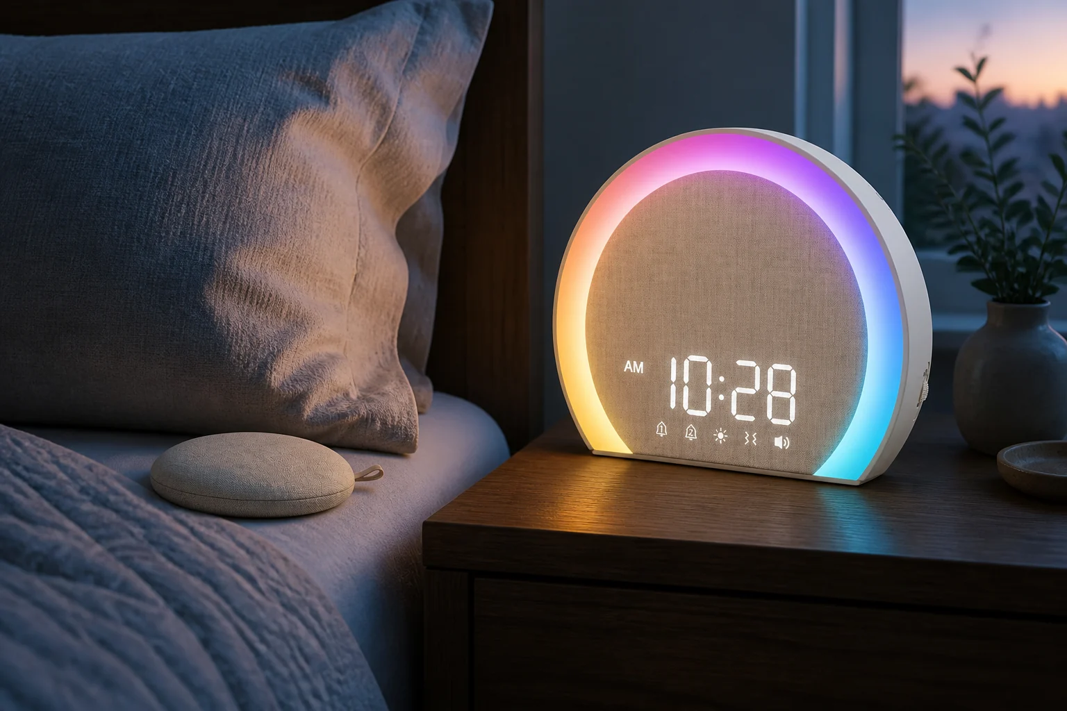 ANJANK wireless bed shaker alarm clock with its shaker puck beside a pillow at dawn