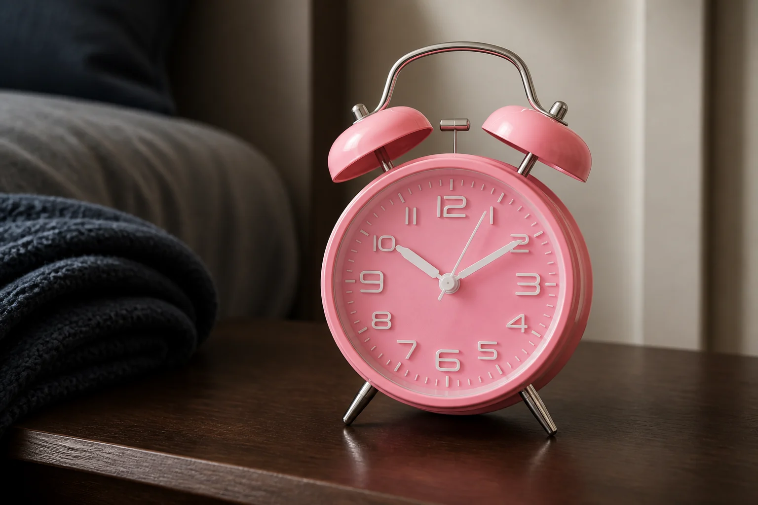 Peakeep MHP3122 pink twin-bell alarm clock on a dark wood nightstand
