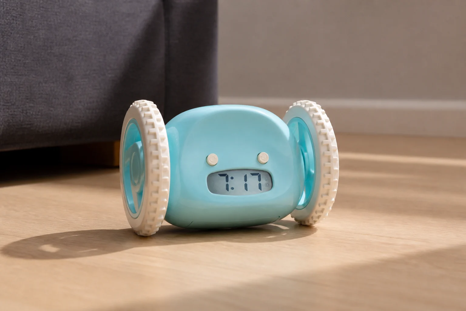 Aqua Clocky rolling alarm clock on the floor beside a bed