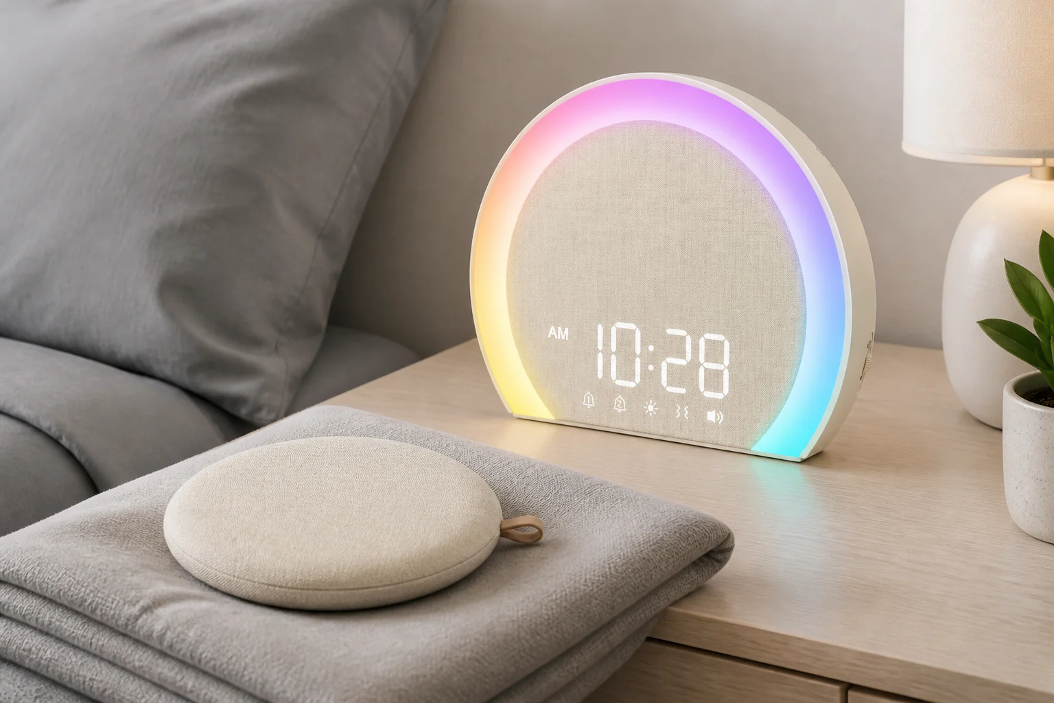 ANJANK wireless bed shaker alarm clock and vibration puck on folded bedding