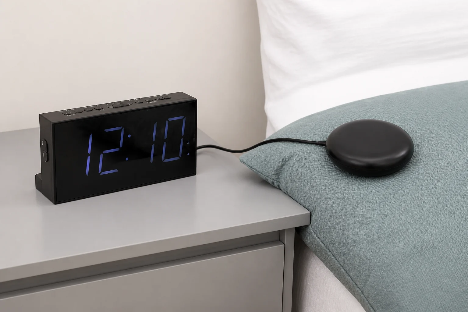 Roxicosly alarm clock connected to a black bed shaker on a teal pillow