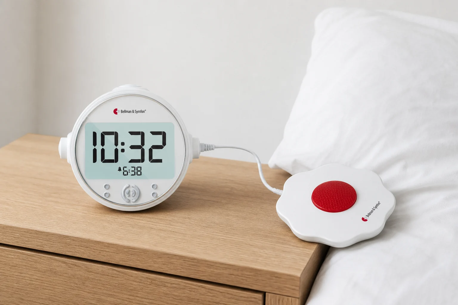 Bellman Alarm Clock Pro BE1370 with its wired bed shaker on a bedside table