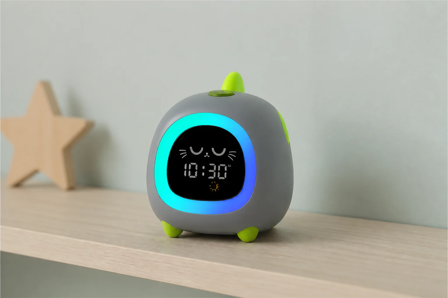 Gray ANALOI OK-to-Wake kids clock with blue light ring and green accents