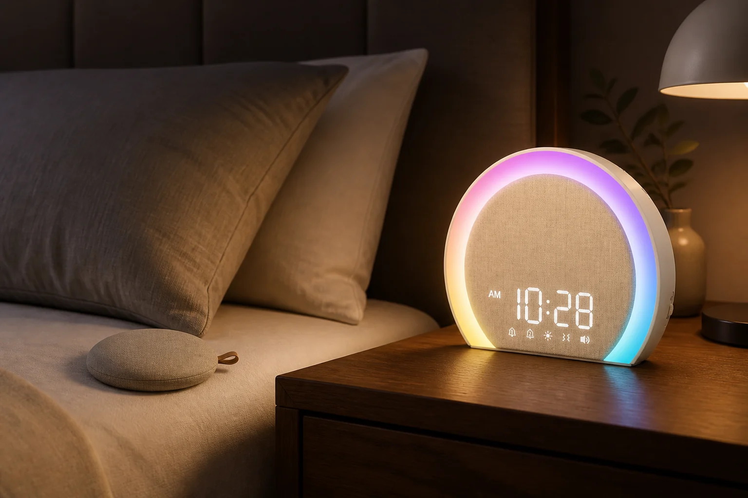 ANJANK wireless bed shaker alarm clock with its puck on one side of a shared bed