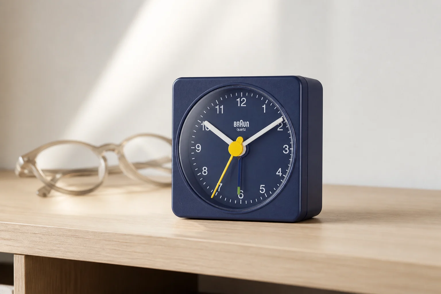 Braun BC02 navy analog alarm clock on a light wood bedside shelf