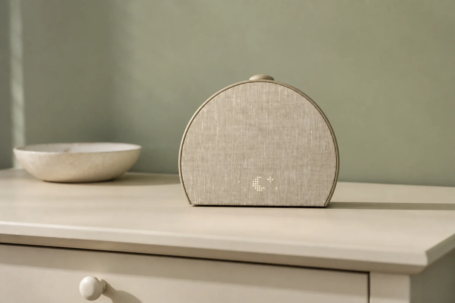 Hatch Restore 3 sunrise alarm clock on an ivory bedside cabinet
