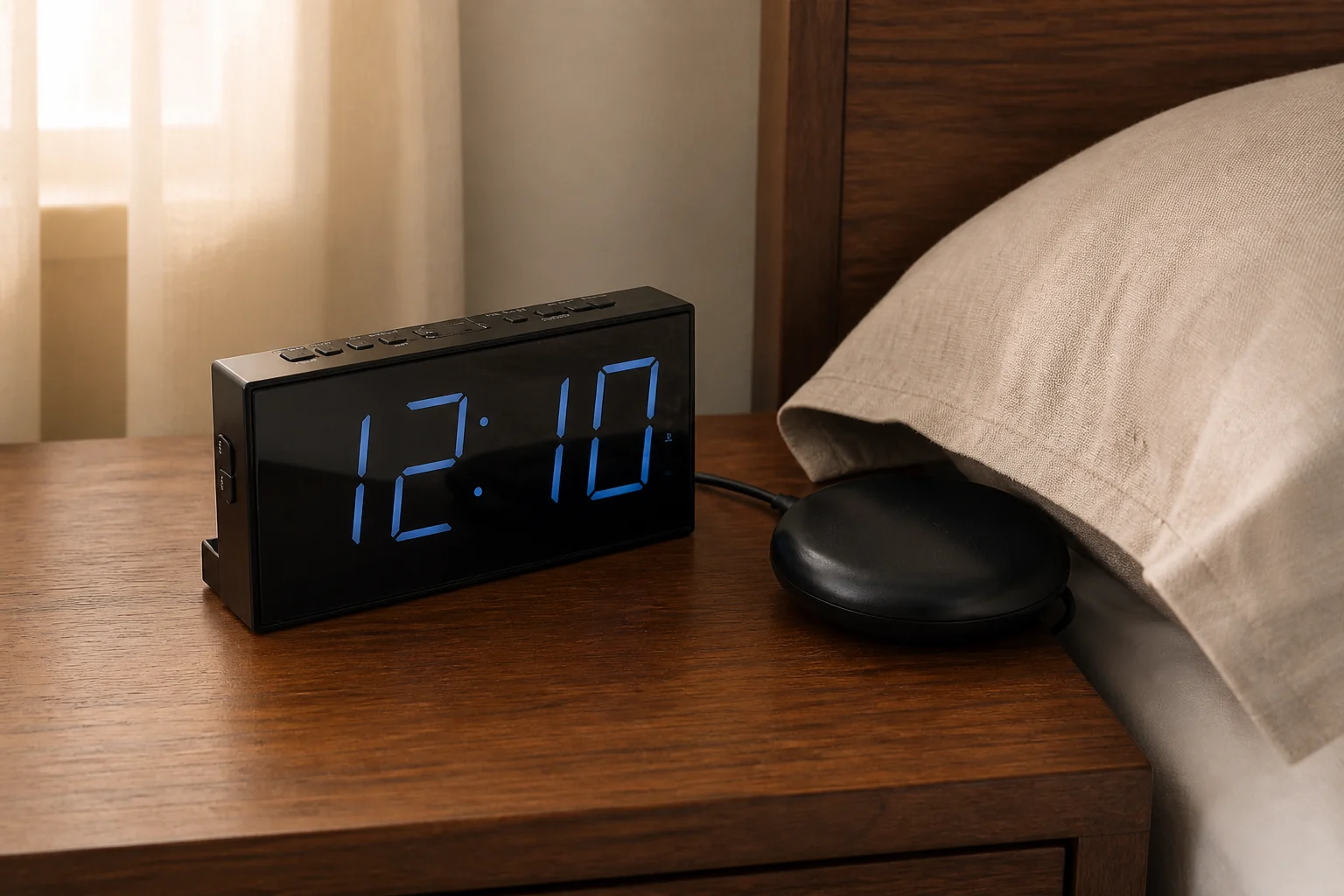 Roxicosly CR1001EM showing blue digits on a dark wood nightstand with its wired bed shaker partly under a pillow