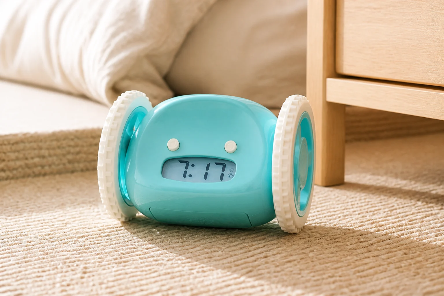 Aqua Clocky rolling alarm clock on a bedroom rug at sunrise