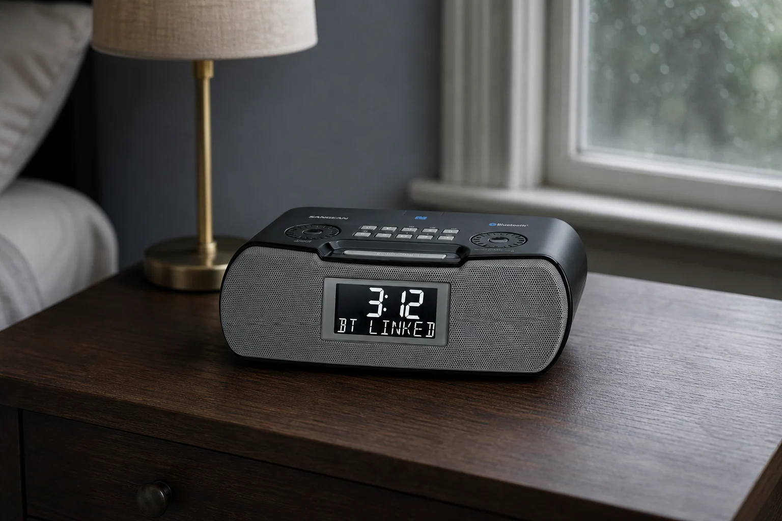 Sangean RCR-20 clock radio on a walnut bedside table