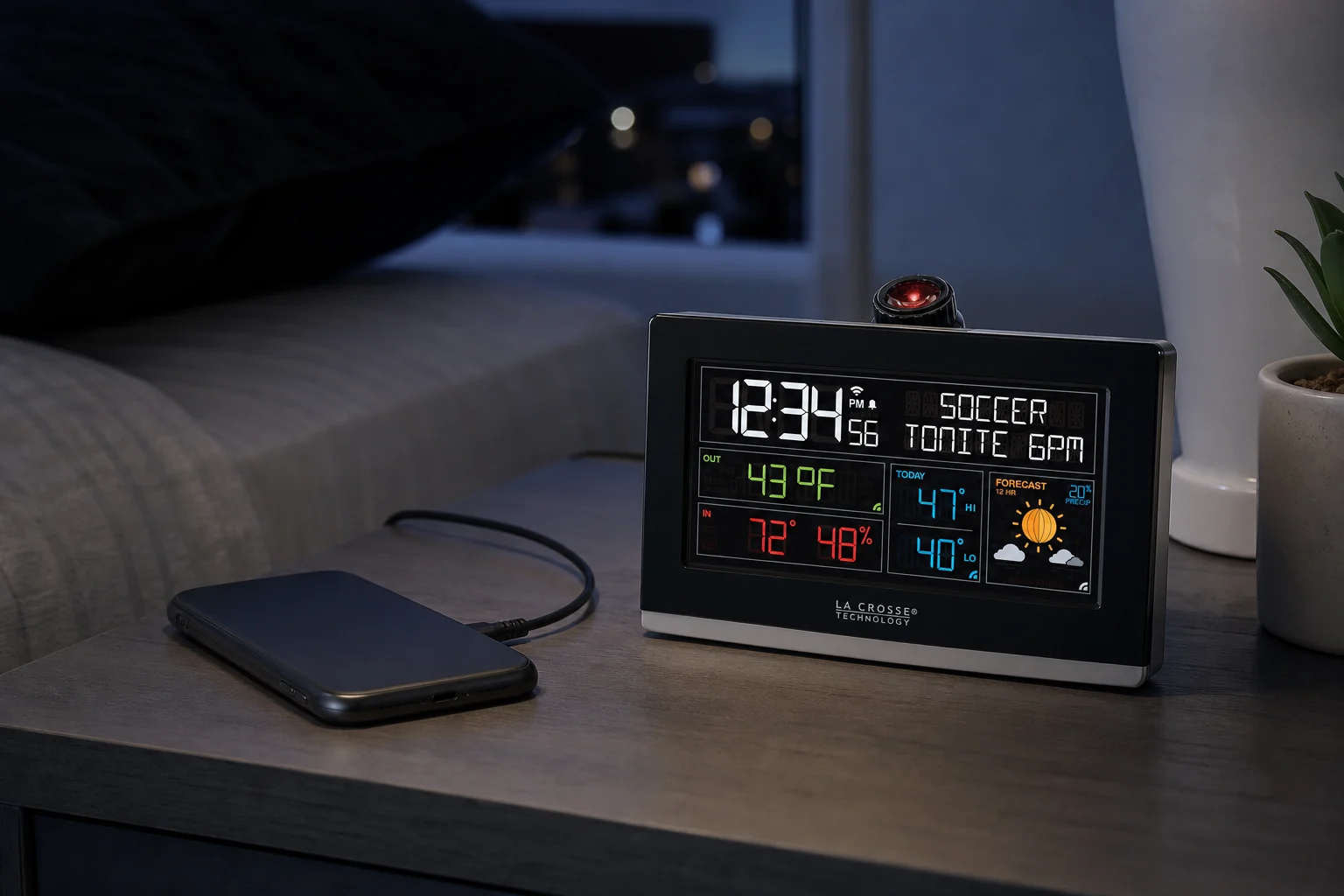 La Crosse C82929v2 projection alarm clock beside a smartphone connected for charging
