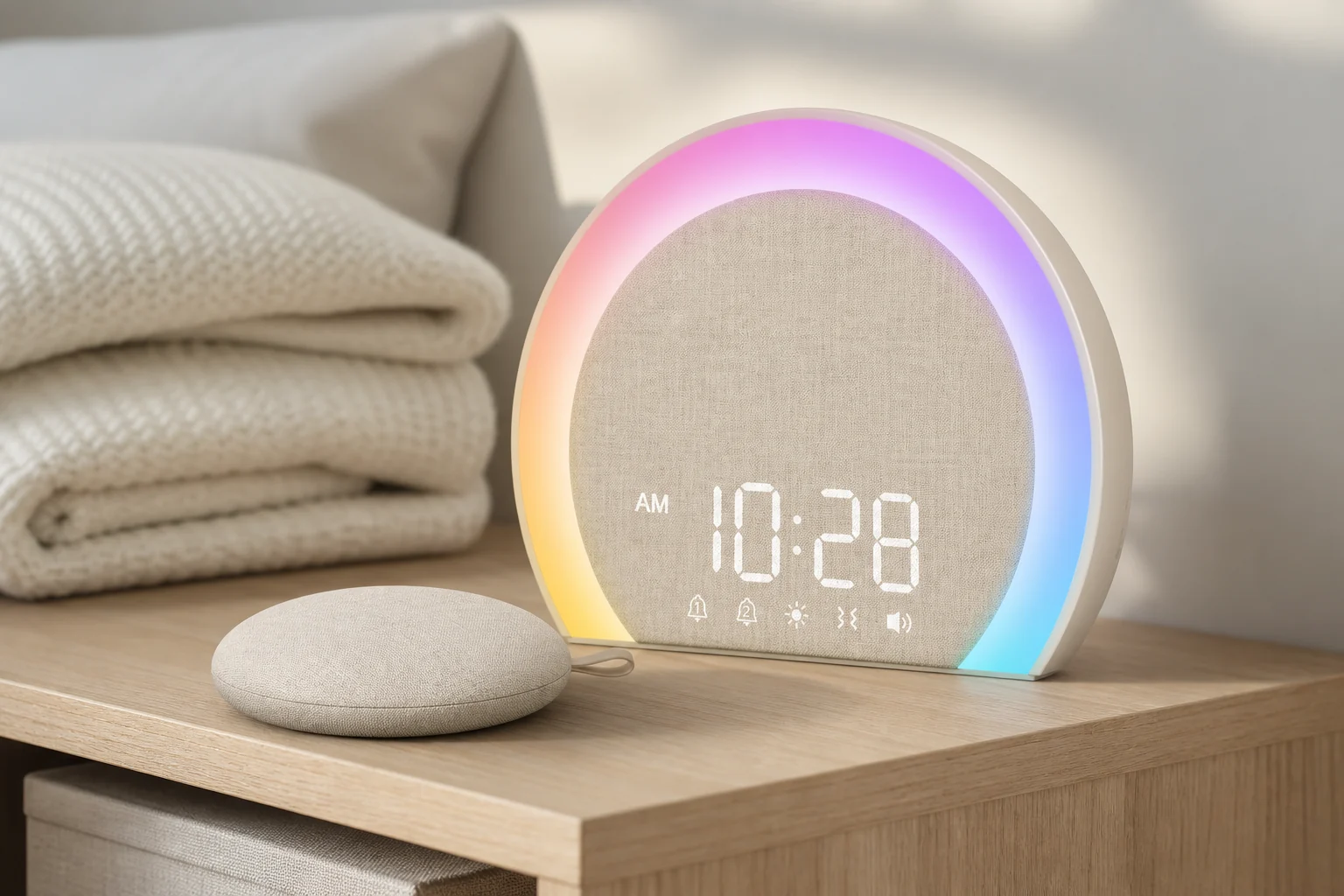 Cream ANJANK KX213-Latte alarm clock with its color light ring and matching round shaker puck on a light wood shelf