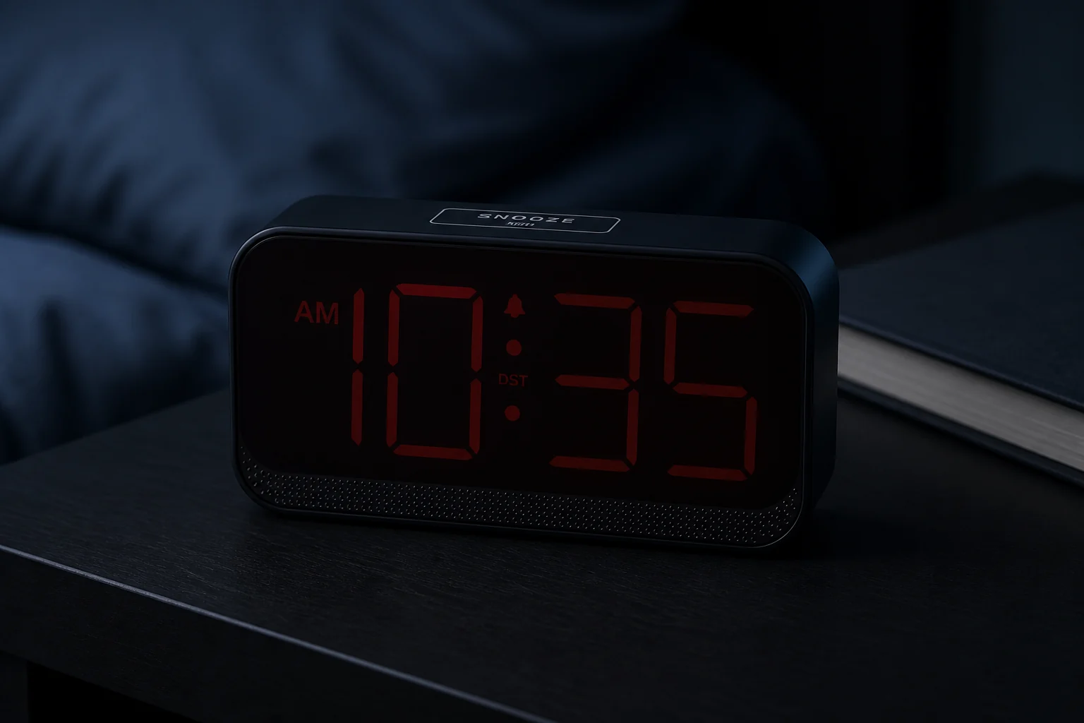 Acedeck alarm clock with a dim red LED display on a dark bedside table