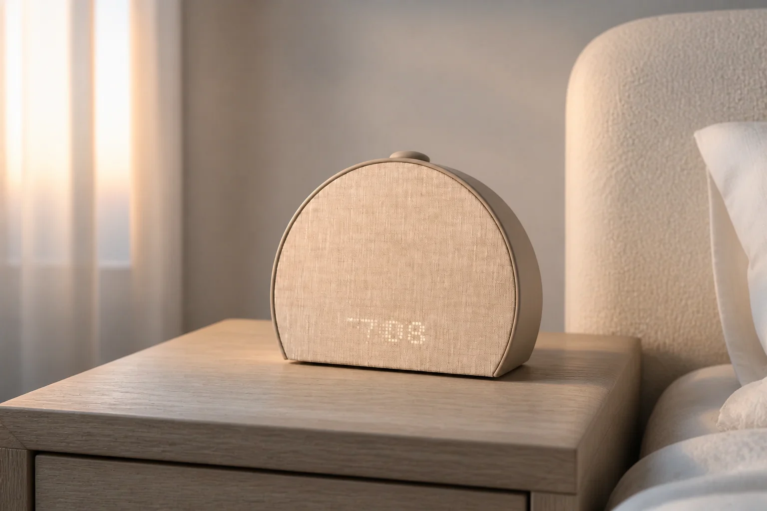 Hatch Restore 3 with warm sunrise light in an early-morning bedroom