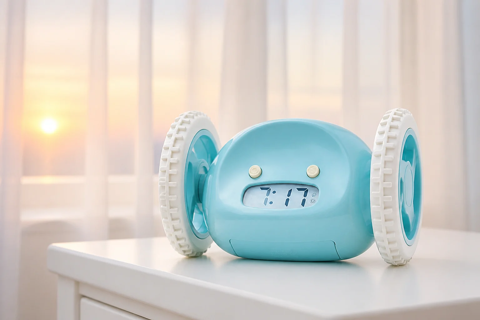Clocky rolling sound alarm clock in soft sunrise light