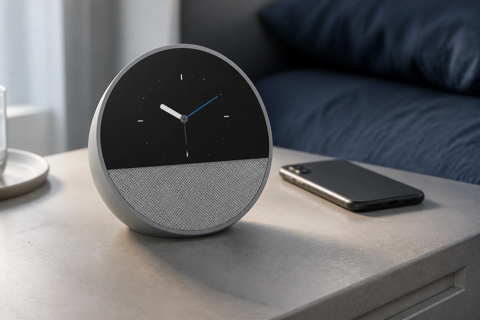 Amazon Echo Spot 2024 bedside clock with a phone set aside