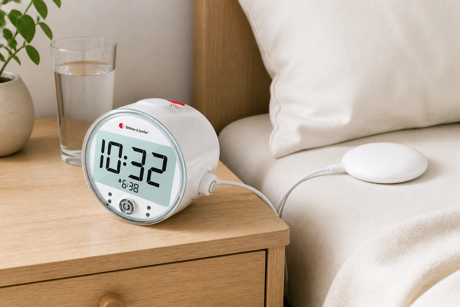 Bellman Alarm Clock Pro BE1370 with its wired bed shaker beside a pillow