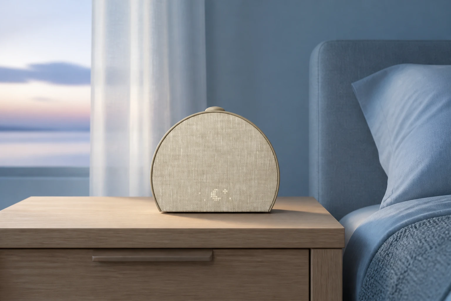 Hatch Restore 3 on a bedside table in soft dawn light