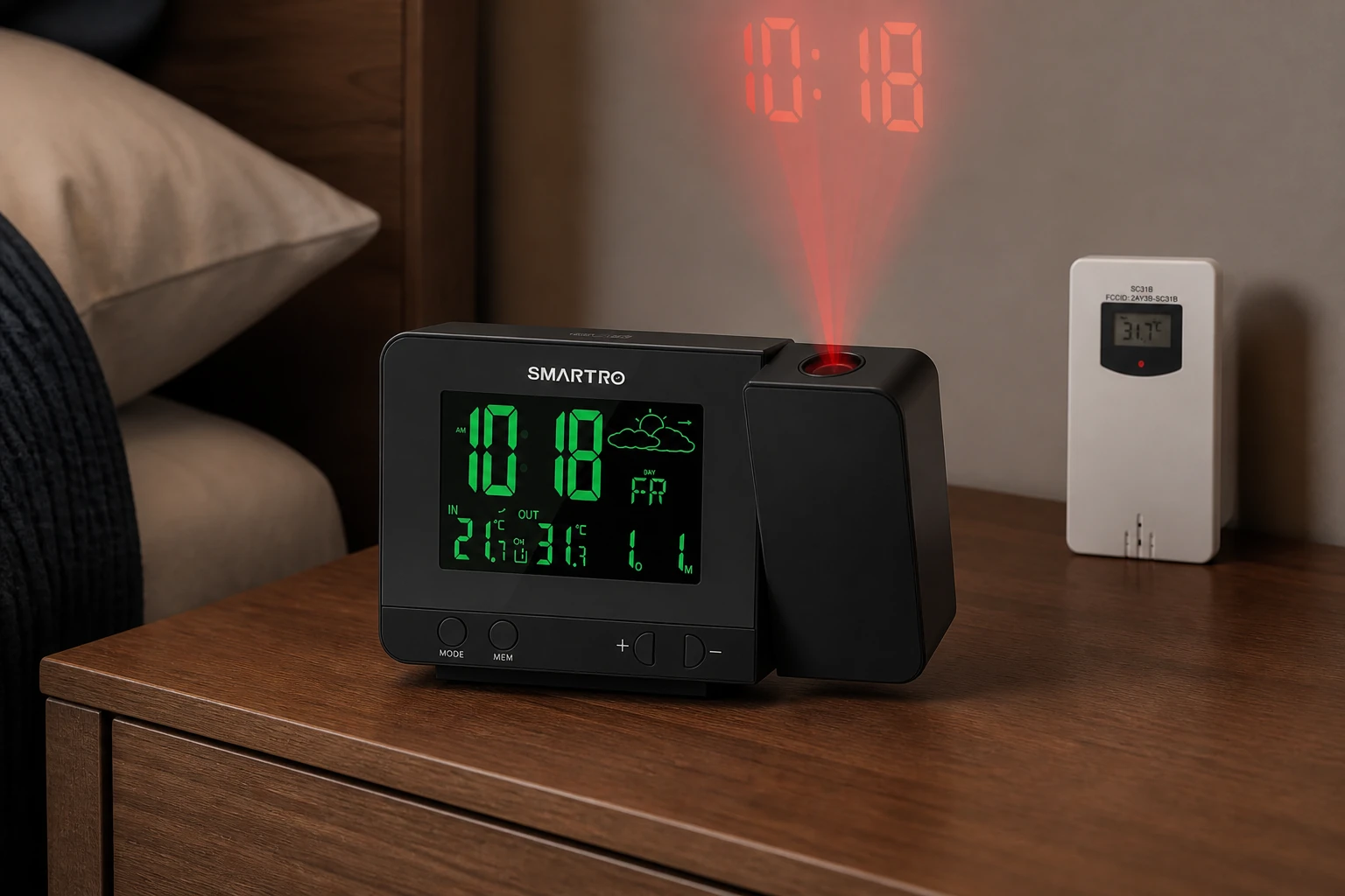 SMARTRO SC31B projection alarm clock with its outdoor sensor