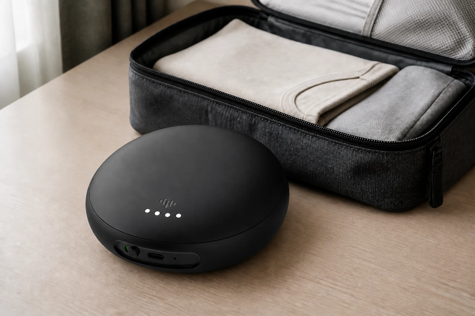iLuv SmartShaker 3 rechargeable bed shaker prepared for travel