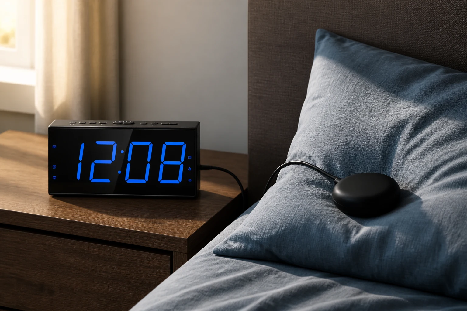 Roxicosly CR1001EM alarm clock with its wired bed shaker beside a pillow