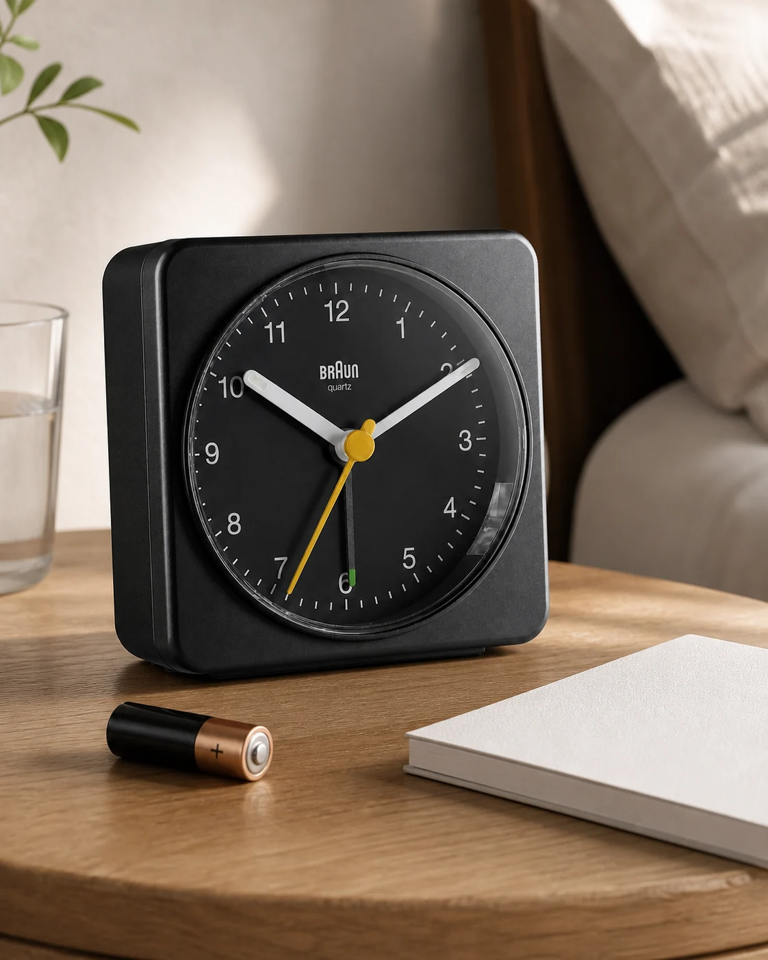 Exact black Braun BC03B analog alarm clock beside an AA battery and a plain setup notebook on a bedside table