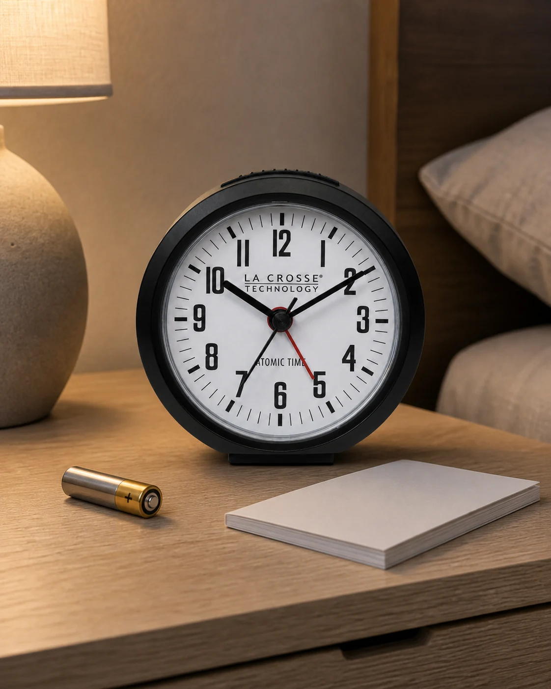Exact La Crosse 617-710B alarm clock beside an AA battery and plain notebook in an early-evening bedroom