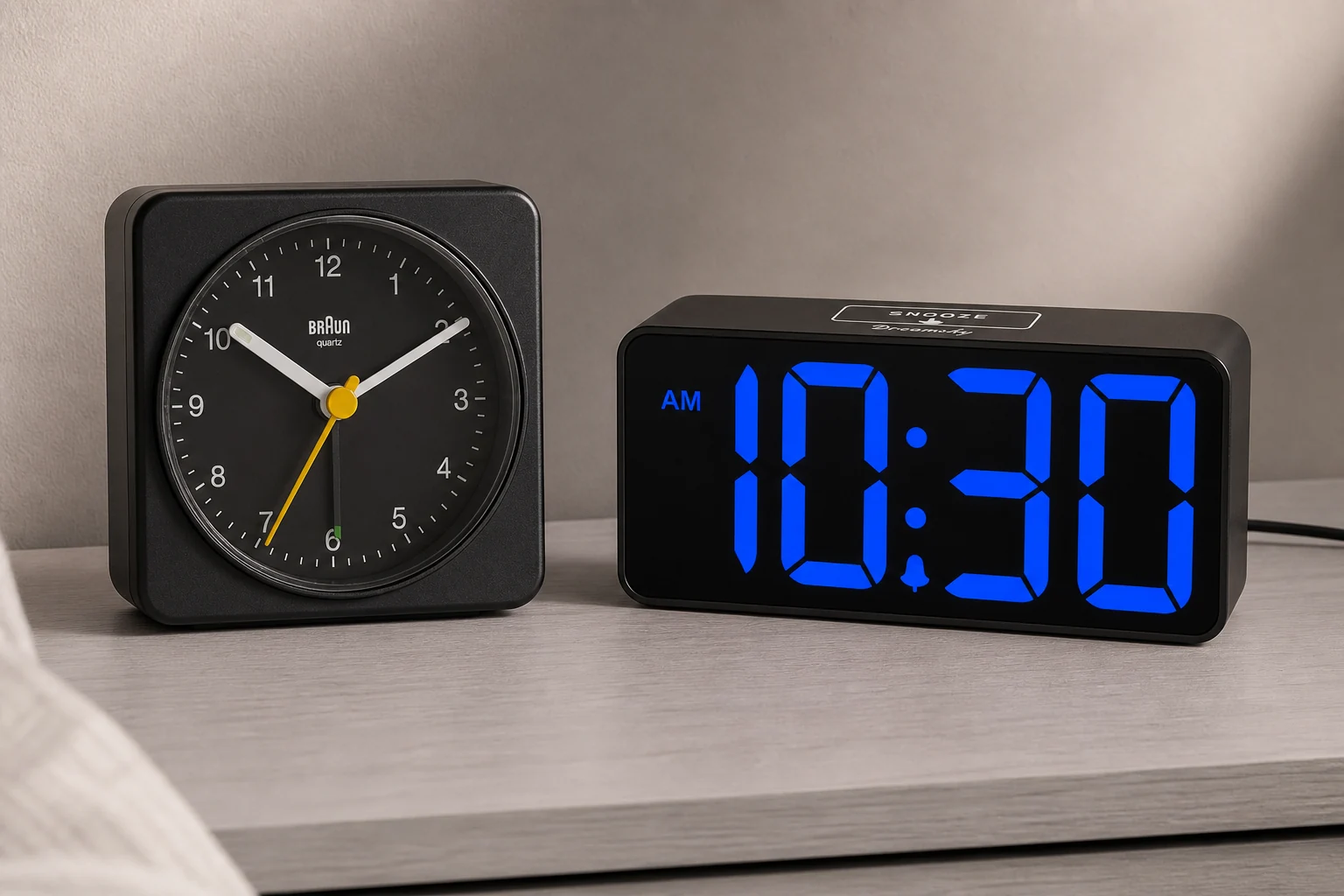 Black Braun BC03 analog clock beside a blue-digit DreamSky DS312 on an ash bedside console