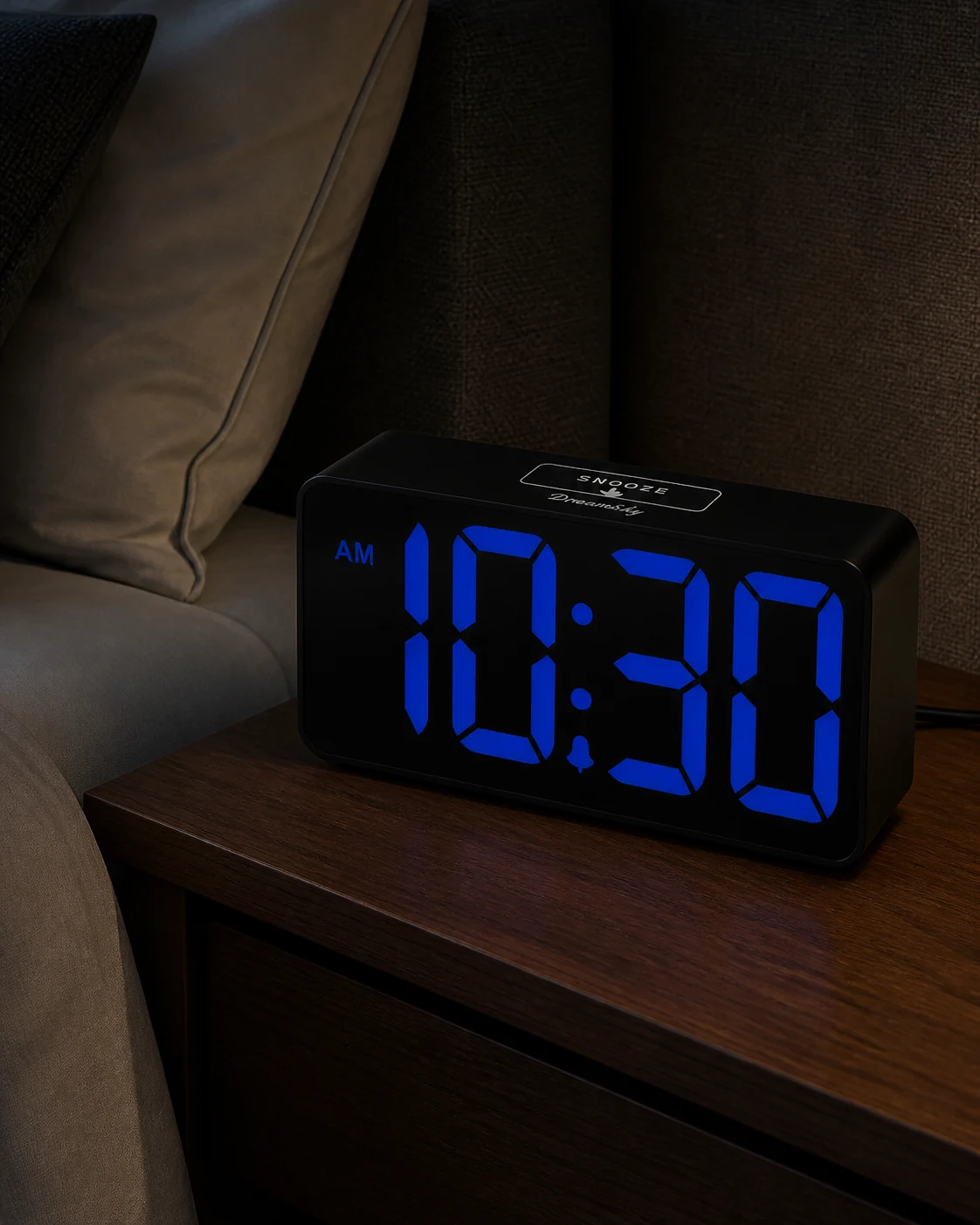 Exact black DreamSky DS312 with dim blue digits on a dark walnut nightstand viewed from pillow height