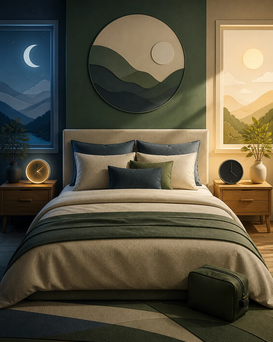 Shared bedroom illustration with separate nightstands in pre-dawn and morning light to represent different wake schedules
