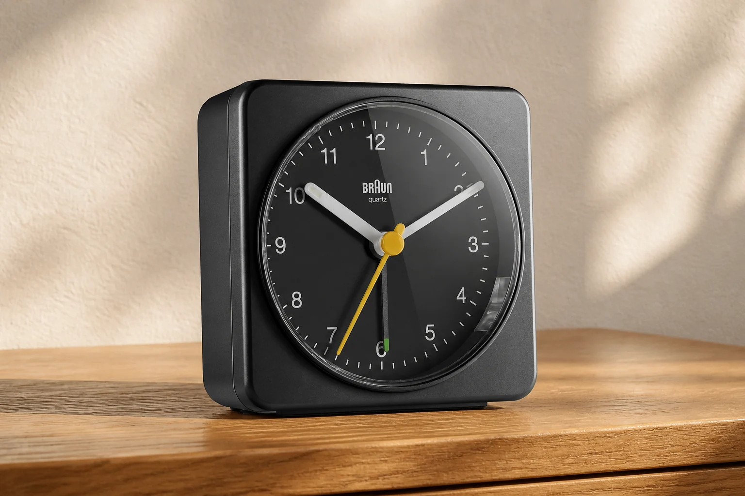Black square Braun BC03 with a black dial and yellow second hand on an oak bedside table