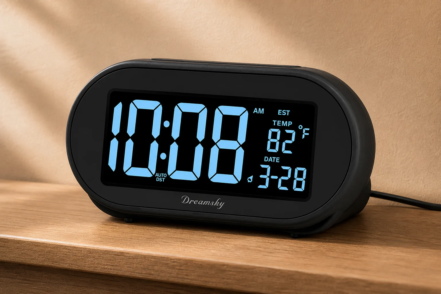 Oval black DreamSky DS305 showing blue time, date and temperature on a warm-toned shelf