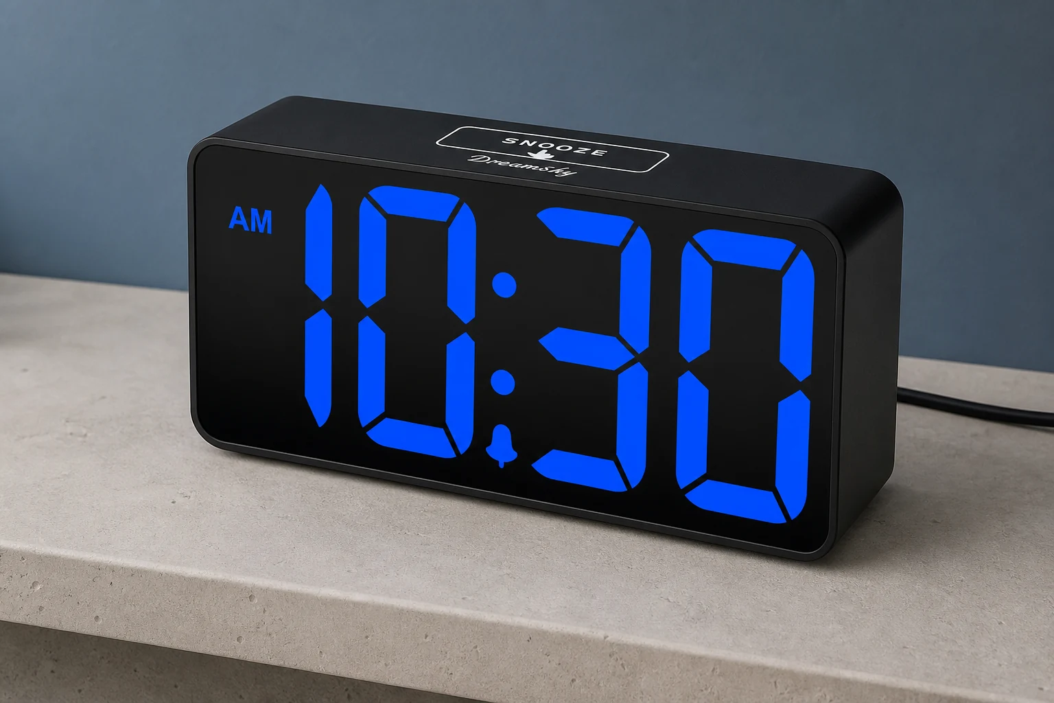 Rectangular black DreamSky DS312 with large blue 10:30 digits and a marked top snooze area on limestone