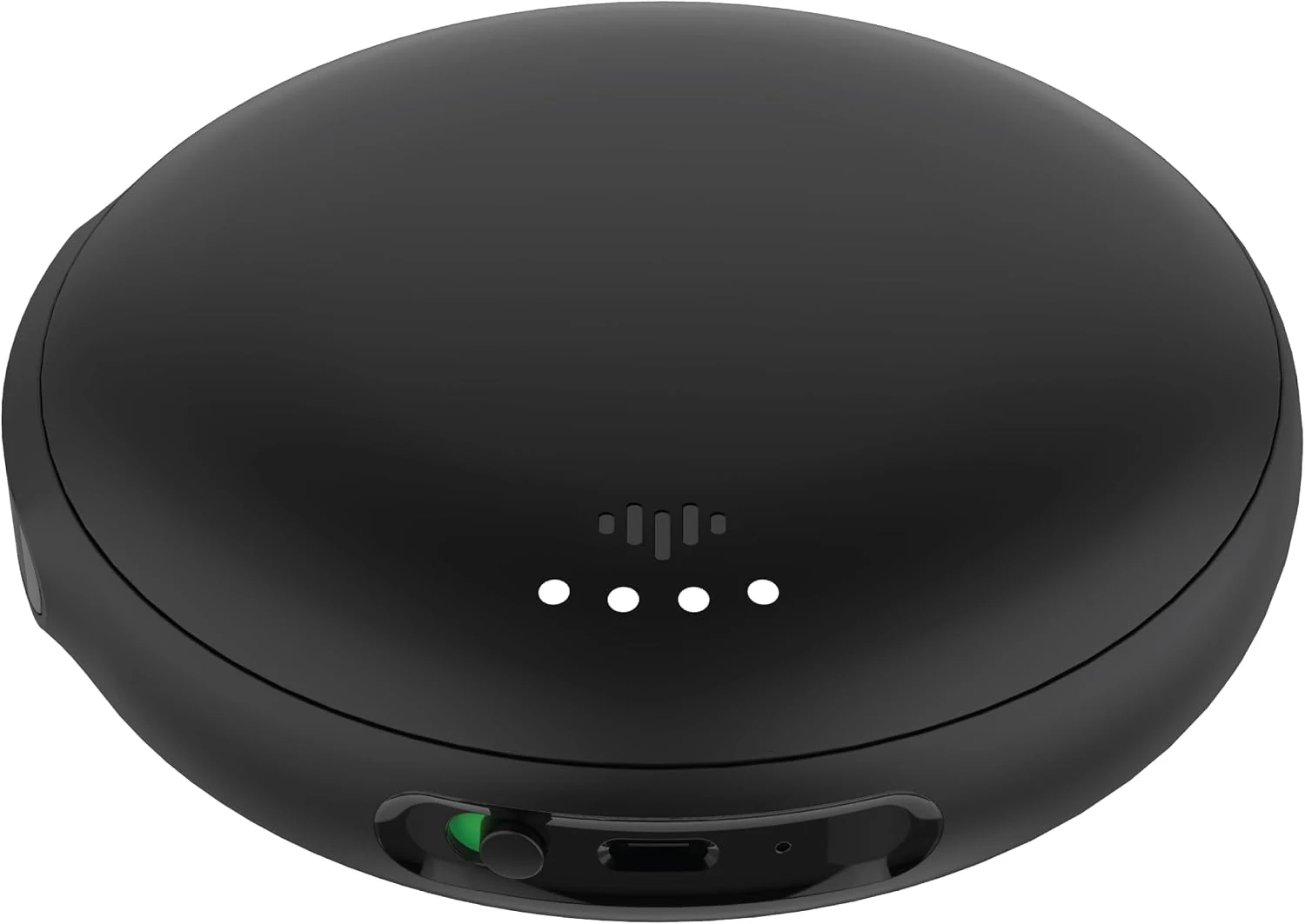 Black iLuv SmartShaker 3 viewed from above with four indicator lights, side switch, USB-C port, and pinhole visible