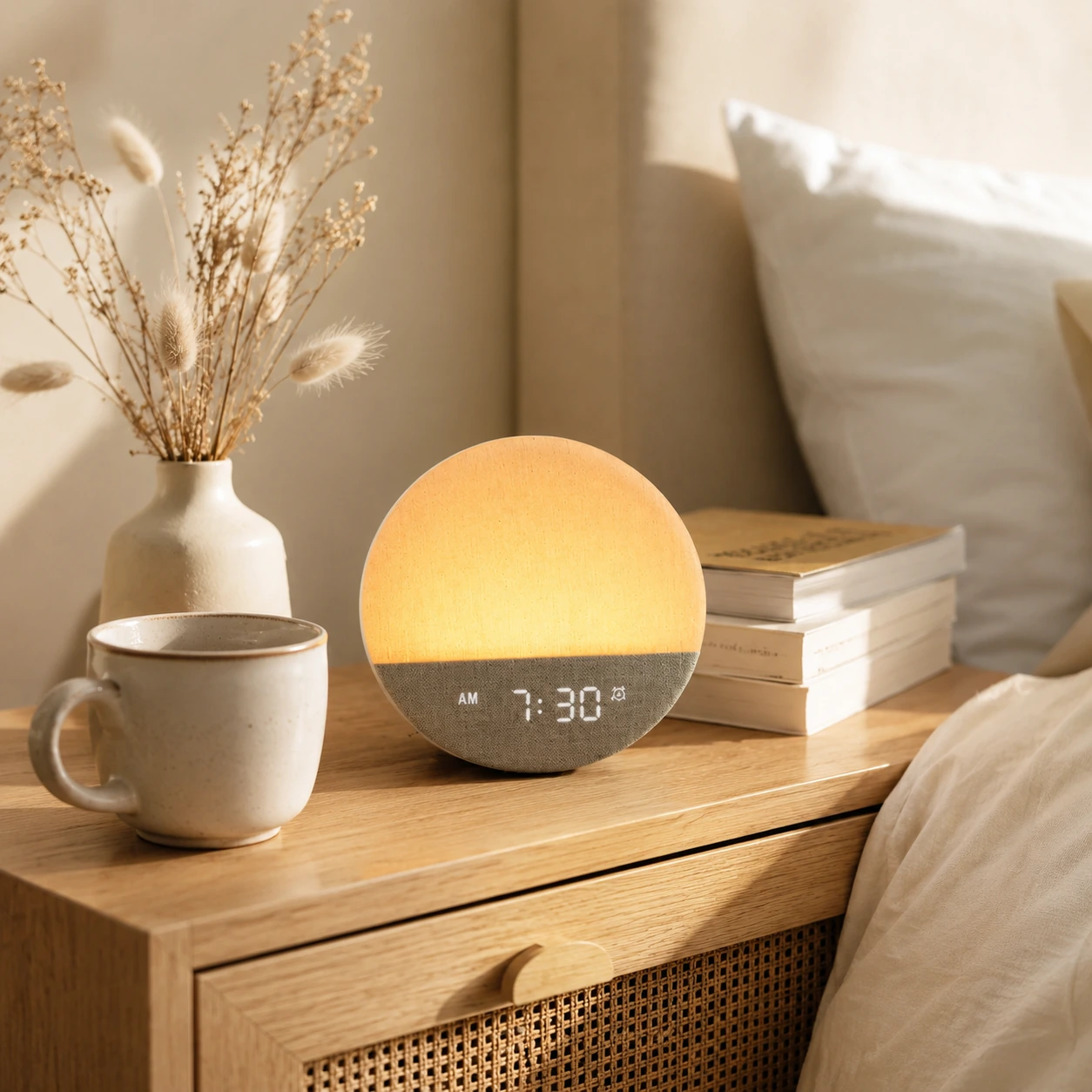 Dreamegg Sunrise 1 Wake Up Alarm Clock on a minimalist wooden nightstand with a mug, books, and soft morning light.
