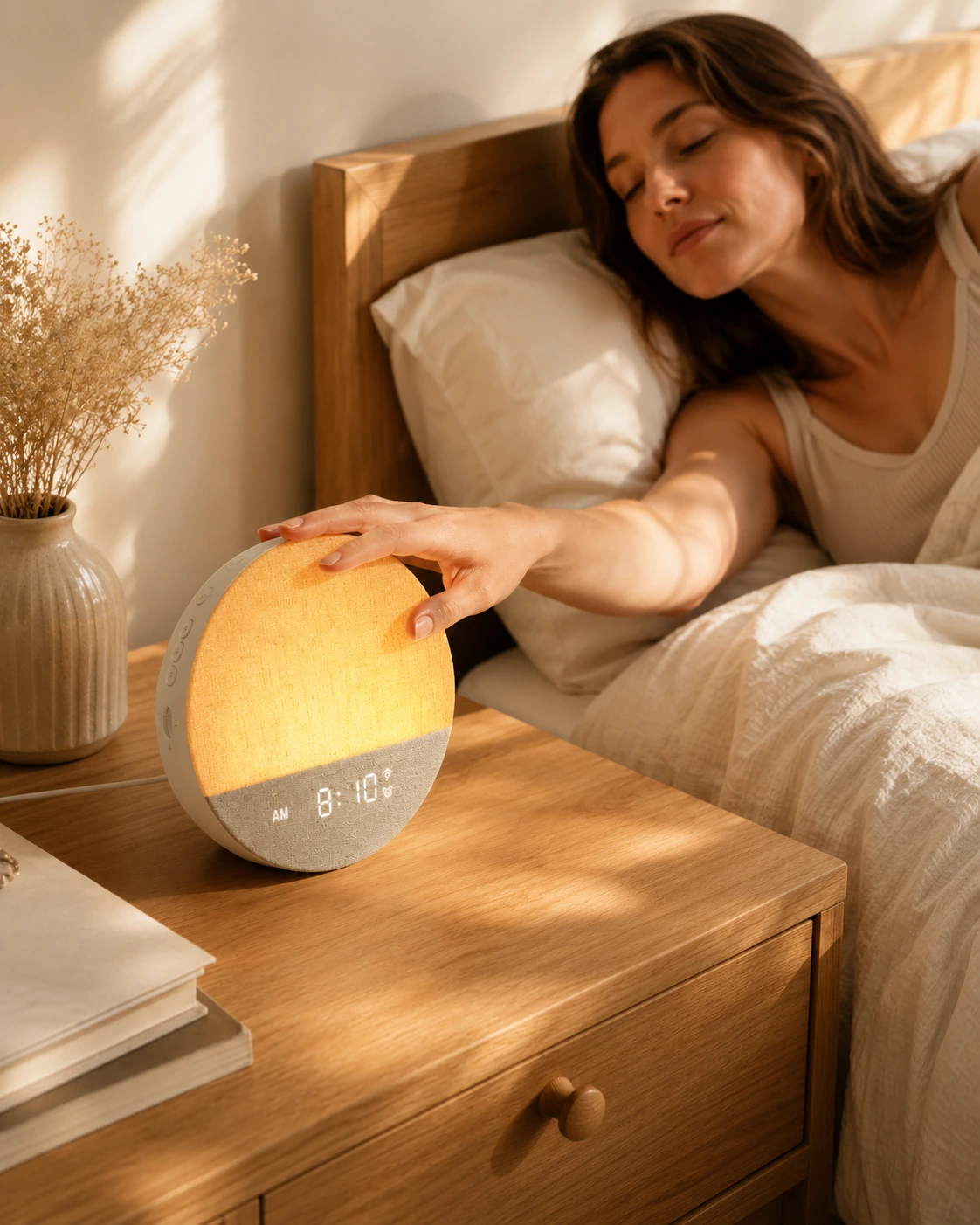 Woman reaching toward the Dreamegg Sunrise 1 Wake Up Alarm Clock on a wooden bedside table in soft morning light.