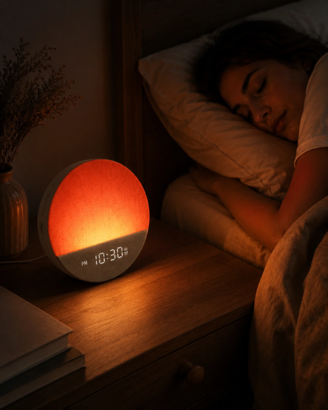 Dreamegg Sunrise 1 Wake Up Alarm Clock glowing red beside a sleeping person in a dark bedroom.