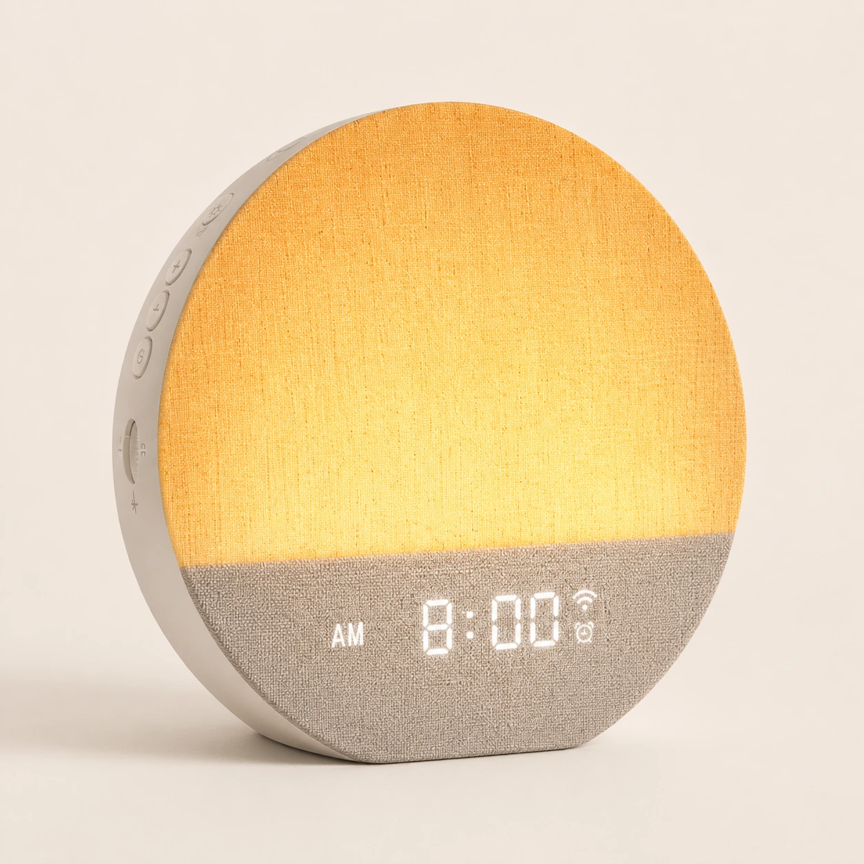 Studio product photo of the Dreamegg Sunrise 1 Wake Up Alarm Clock with fabric front, glowing face, and digital display.
