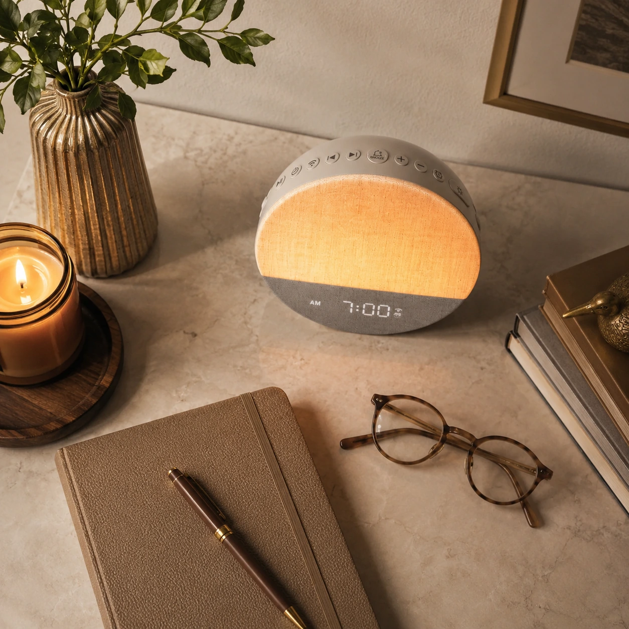 Top-down styled view of the Dreamegg Sunrise 1 Wake Up Alarm Clock with books, candle, plant, glasses, and pen.
