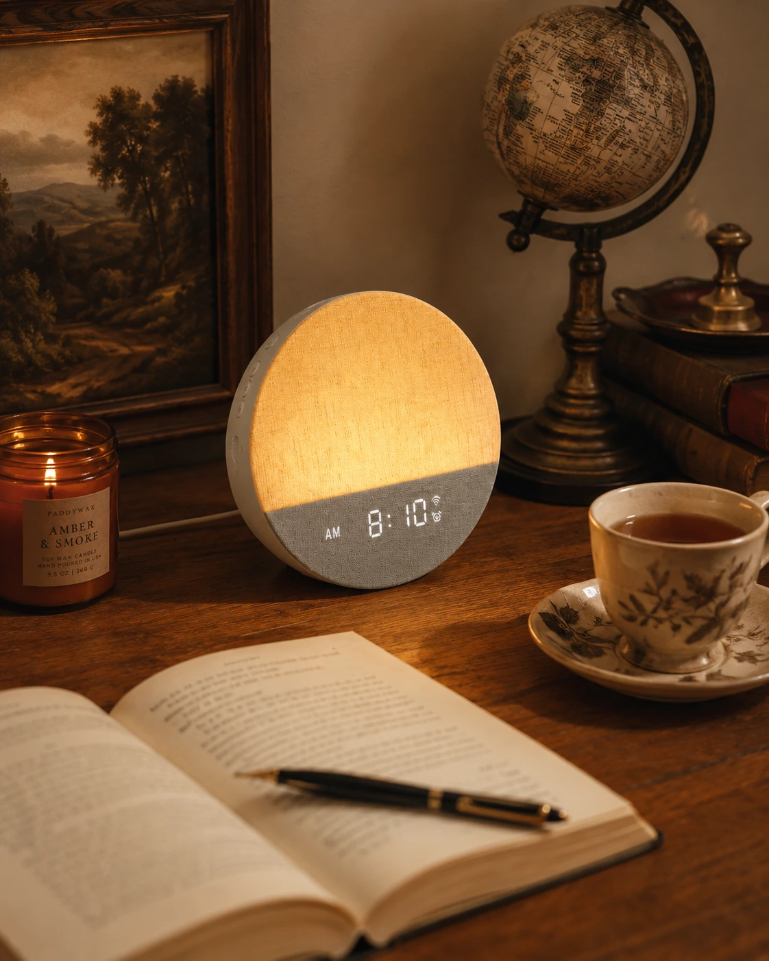 Dreamegg Sunrise 1 Wake Up Alarm Clock on a vintage desk with books, a candle, a globe, and tea.