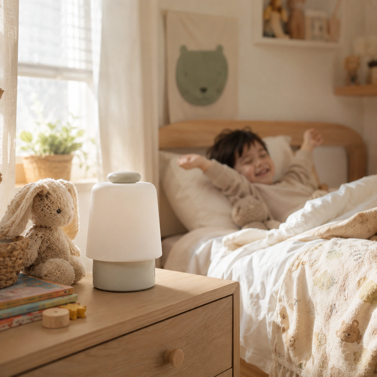 Hatch Baby morning wake cue in a cozy child bedroom