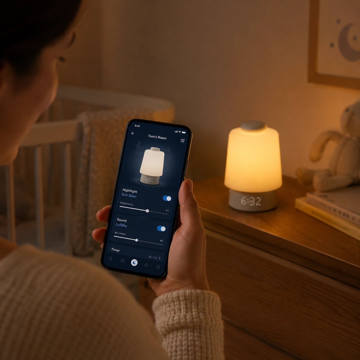 Hatch Baby app control for nightlight and sound in a nursery