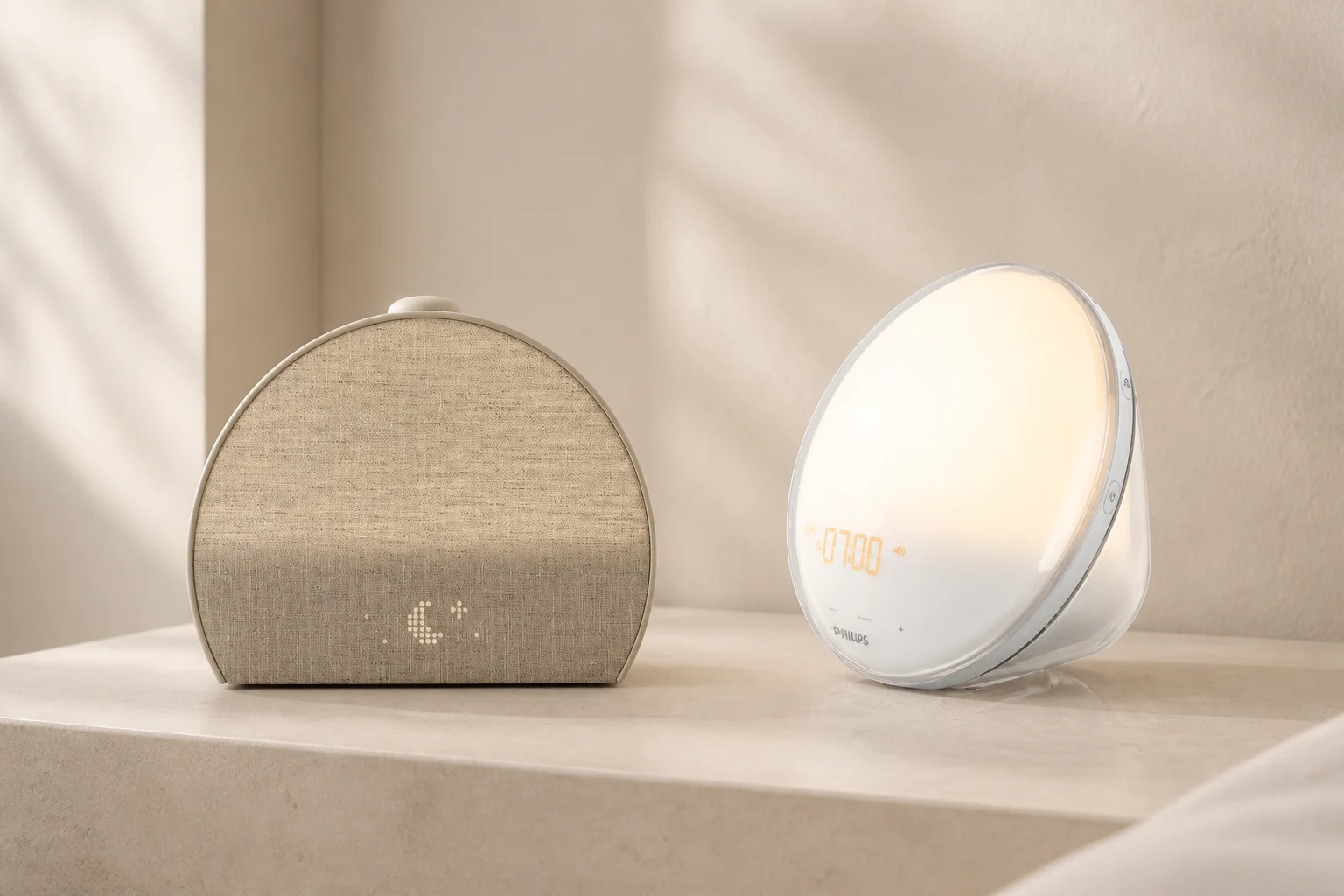 Hatch Restore 3 and Philips SmartSleep HF3520/60 on a limestone bedside console