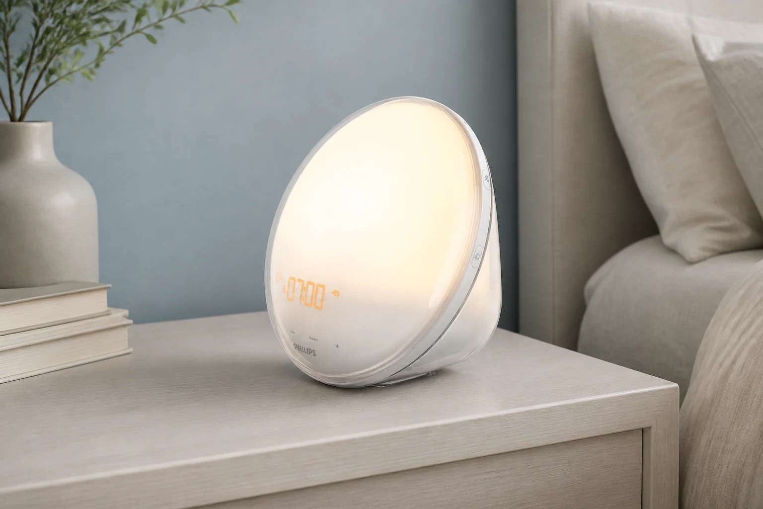 Philips SmartSleep HF3520/60 with a circular light face and amber time display on an ash nightstand
